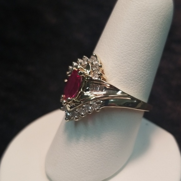 10k yellow gold created ruby and diamonds ring - Picture 3 of 4